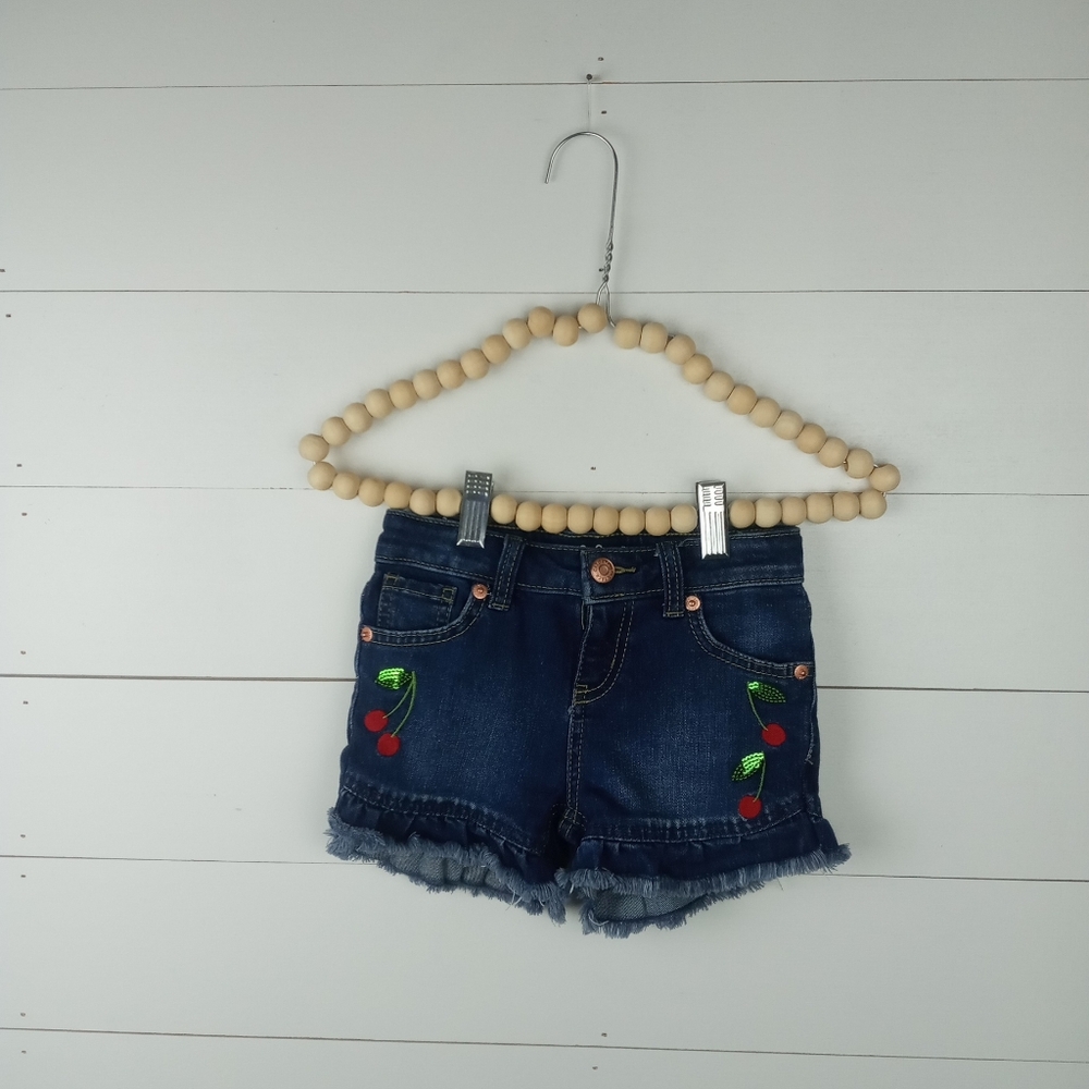 Cat & Jack girls size XS dark denim jean shorts raw ruffle hem cherry design